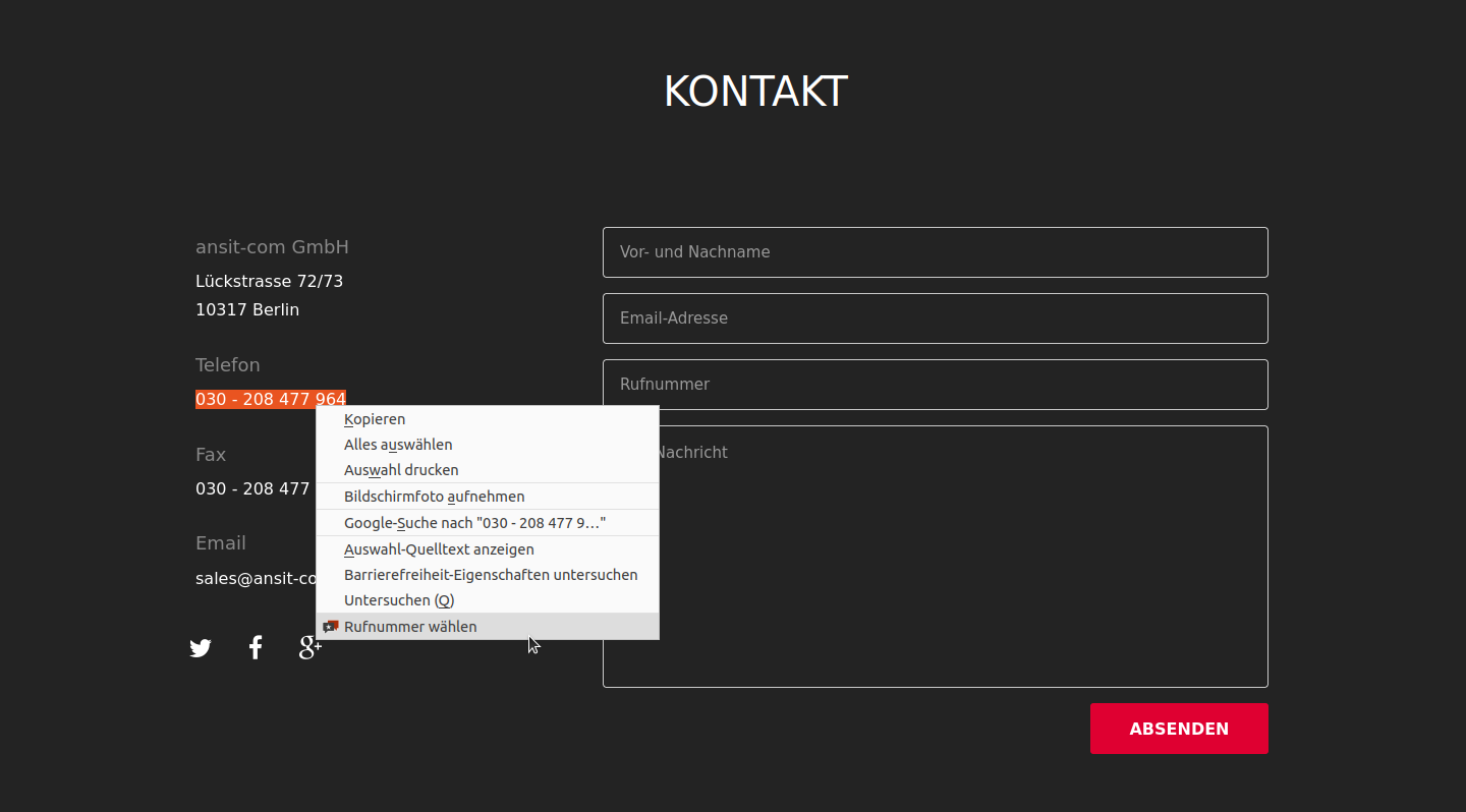 Mit ansitel Click to Dial Plugin wählen